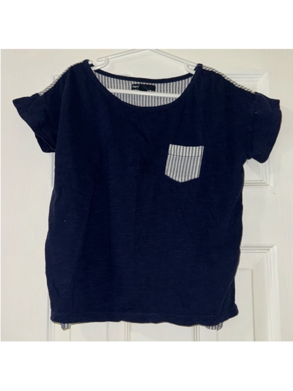 GAP Girls Size 8 Navy Blue Striped Back Pocket Short Sleeve Top